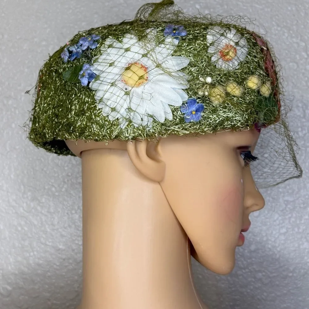 Vintage Rare Hutzler’s Pillbox Floral Tulle Net Fascinator Hat Green White Pink - Picture 5 of 15